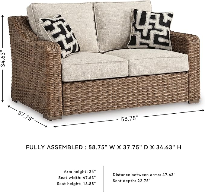 Signature Design by Ashley Beachcroft Casual Nuvella Weather Resistant Fabric, Resin Wicker Outdoor Loveseat with Cushion and 2 Accent Pillows, Dark Brown & Beige SignatureDesignbyAshley