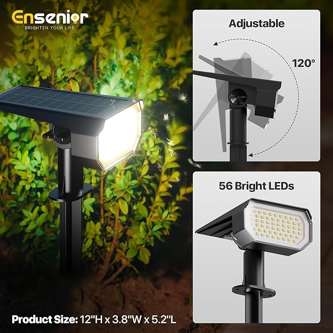 Ensenior Solar Spotlights Outdoor, 56 LEDs Brightness Adjustable 3000K LED Solar Garden Lights, Halloween Christmas Landscape Lighting for Flag/Yard/Pathway, IP65 Waterproof - 4 Pack Ensenior