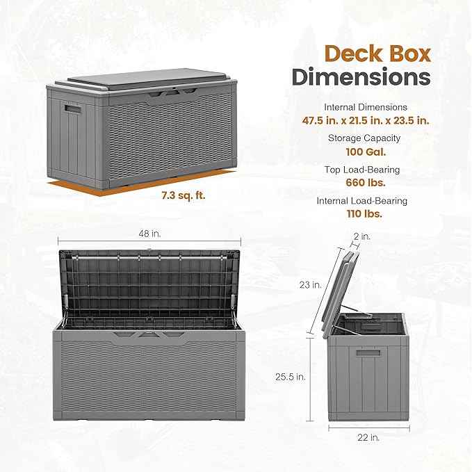 Greesum 100 Gallon Resin Deck Box Large Outdoor Storage with Cushions for Patio Furniture, Garden Tools, Pool Supplies, Weatherproof and UV Resistant, Lockable,Gray