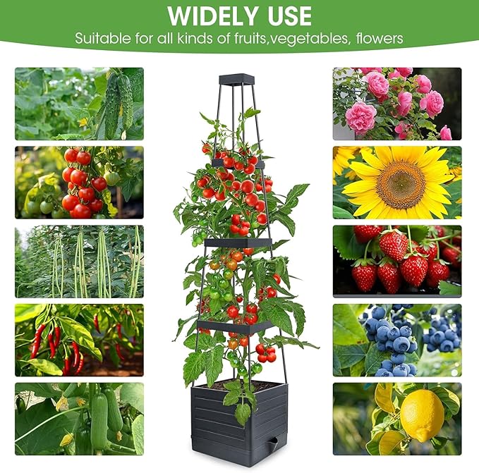 Raised Garden Bed 4 Packs, Planter Boxes with Trellis 58.3'' Tomato Planters for Climbing Vine Vegetables Flowers Plants Self Watering Tomatoes Cage for Outdoor Patio Greenhouse MYMULIKEHOME