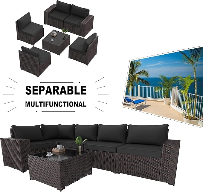 Kullavik 6PCS Outdoor Patio Furniture Set PE Wicker Rattan Sectional Sofa Patio Conversation Sets,Black KULLAVIK