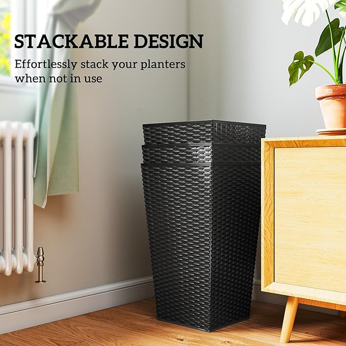 Outsunny Tall Planters for Outdoor Plants Set of 3, 24 in Taper Planters with Drainage Holes, Rattan Decor Plant Pots for Indoor Outdoor Front Porch Patio Backyard, Black Outsunny