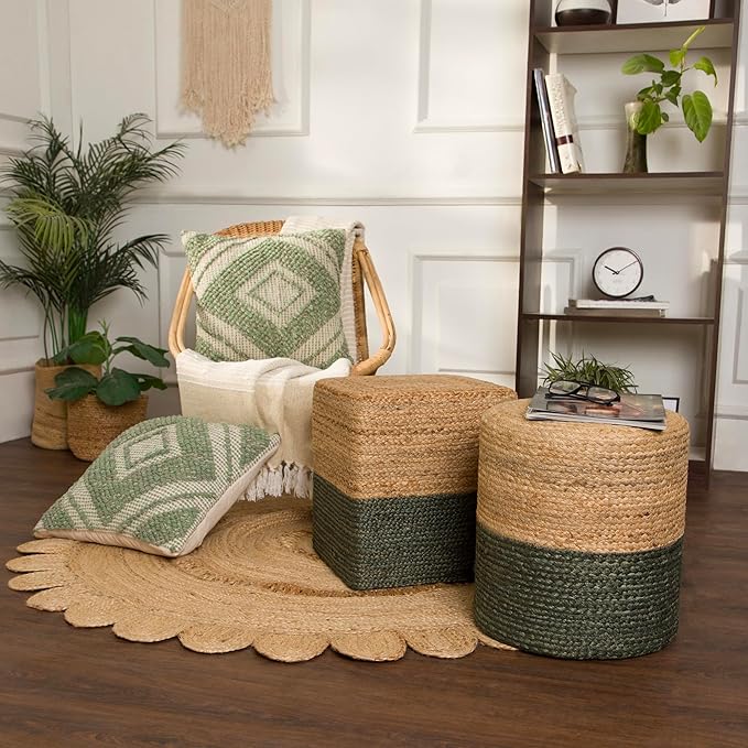 REDEARTH · Cube Pouf Foot Stool Ottoman - Jute Braided Pouffe Poof Accent Sitting Footrest for The Living Room, Bedroom, Nursery, Patio, Lounge & Other Rooms (14.5”X14.5”X16”; Natural Olive) REDEARTH