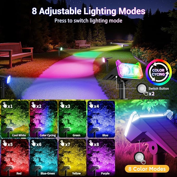 LETMY Solar Spot Lights Outdoor Waterproof with 2 Bigger LED, Auto ON/Off 135°Adjustable Solar Lights Outdoor, 2-in-1 Wall Lights Landscape Spotlights for Tree Pathway Garden Decor 2Pack (RGB Light) Letmy