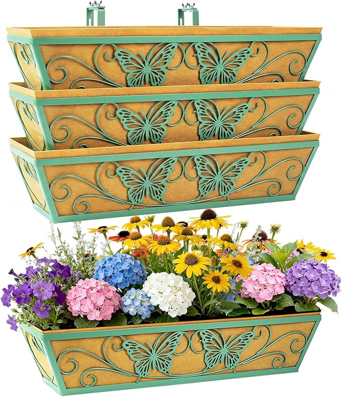 4 Pack 24 Inch Window Boxes Planter Railing Planters Box with Adjustable Brackets for Porch Deck Balcony Hanging Butterfly Decorative Flower Baskets & Non-Woven Fabric Liner for Outdoor Plants - Green KarlliuHOMEGARDEN