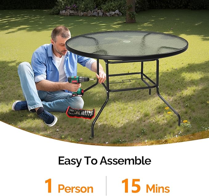 VINGLI Round Patio Table with Umbrella Hole, 40" Outdoor Dining Table Steel Tempered Glass Patio Tables Round Outdoor Tables for Balcony Garden Deck VINGLI