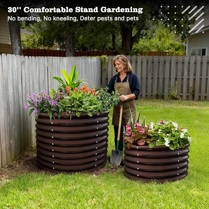 A ANLEOLIFE Set of 6, 30 Inch Extra Tall Galvanized Raised Garden Beds Kit, Large Oval & Round Metal Planters – Ideal for Backyard Vegetables Flowers Herbs, CaféBronze AAnleolife