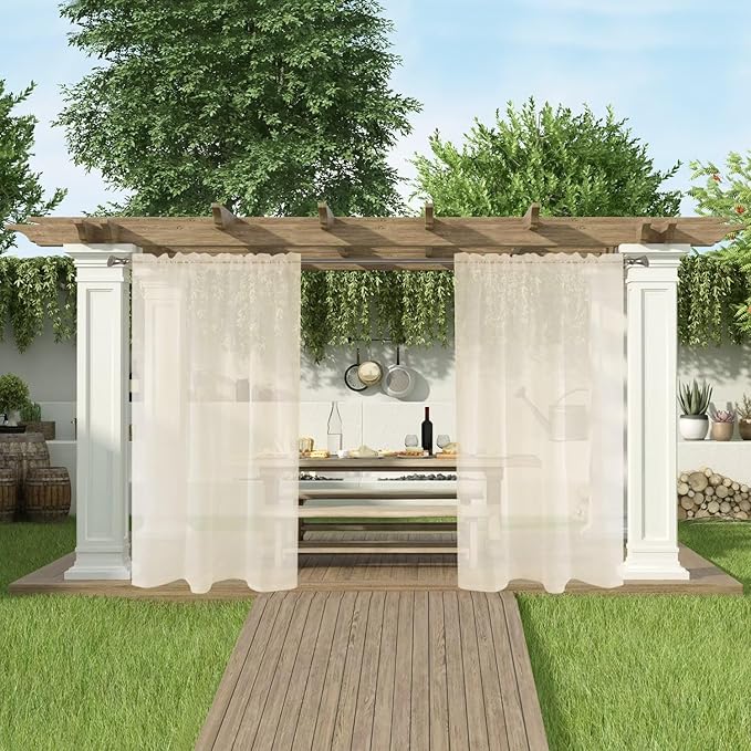 SpaceDresser Waterproof Outdoor Sheer Curtains for Patio - 4 Panels Rod Pocket Indoor Voile Sheer Curtain for Living Room,52W x 108L inch, Ivory SpaceDresser