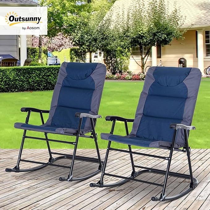 Outsunny Oversized Folding Rocking Camping Chair Set of 2, Padded Outdoor Rockers with High Back and Armrests, Portable Outdoor Patio Chairs with Steel Frame for Garden, Porch, Lawn, Navy Blue Outsunny