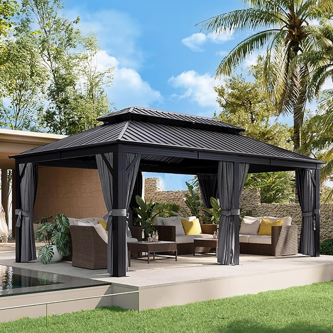 Aoxun 12' X 20' Hardtop Gazebo, Galvanized Steel Double Top, Aluminum Metal Gazebo with Curtains and Netting, Permanent Canopy Pavilion for Wedding, Party, Outdoor Dining Aoxun