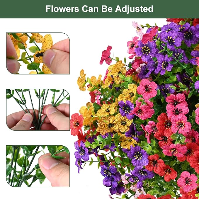 Artificial Flowers for Outdoor, UV Resistant Fake Silk Flowers, Realistic Faux Plants for Outside Indoor Porch Patio Window Box Planter Home Decor (14, Yellow Purple Rosy Red) Welcometothetrytuny