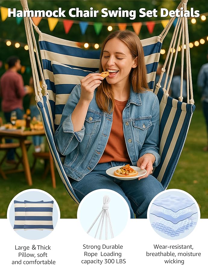 Hammock Chair Swing 2 Cushions Included - Hanging Rope Swing Max 400 Lbs Sturdy Soft Cotton Indoor for Bedroom Swing Chair Outdoor Patio Bedroom Porch Deck (Blue White Stripes) Rootora