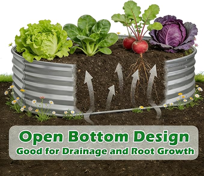 Round Galvanized Raised Garden Bed Kit, Round Galvanized Planter for Vegetables/Herbs/Flowers Heavy-Duty Steel Outdoor Water Trough (Silver, 3X3X1FT) Rootora