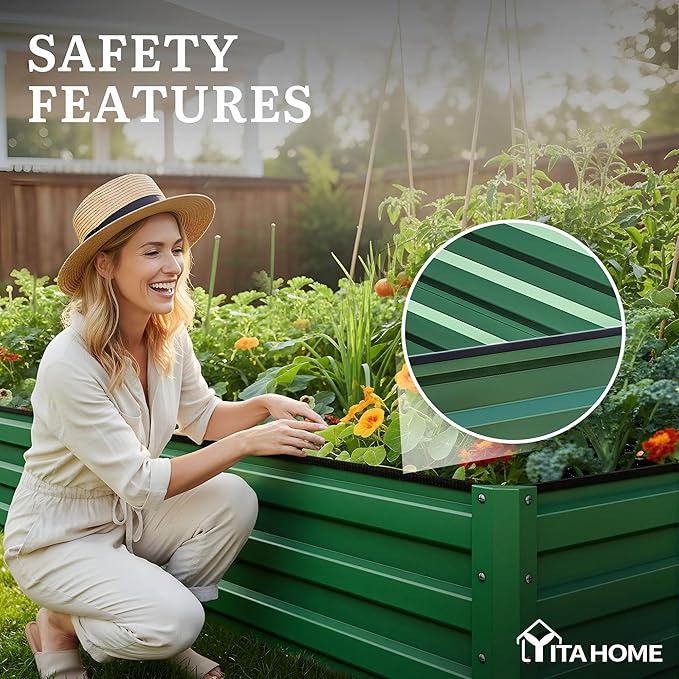 YITAHOME 8x4x1ft 2pcs Large Raised Garden Bed Kit, Galvanized Metal Planter Box with Gloves, Ground Nails & Safety Rubber, Outdoor Above Ground Planters for Plants Vegetables Flowers, Green YITAHOME