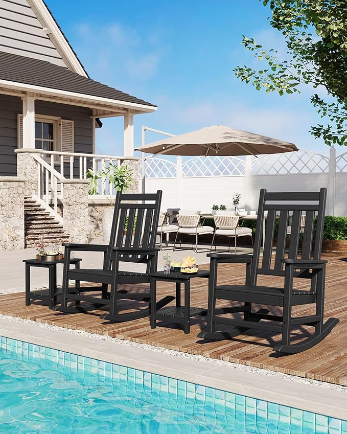 GarveeLife Poly Lumber Rocking Chair Outdoor Set of 4 - HDPE High Back Porch Rocker Chairs for Adults - All Weather Resistant Furniture for Patio - Black GarveeLife