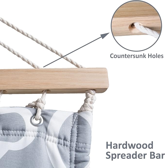 SUNCREAT Double Quilted Hammock with Hardwood Spreader Bar, Extra Large Soft Pillow, Heavy Duty 2 Person Hammock for Indoor, Outdoor, Grey Pattern SUNCREAT