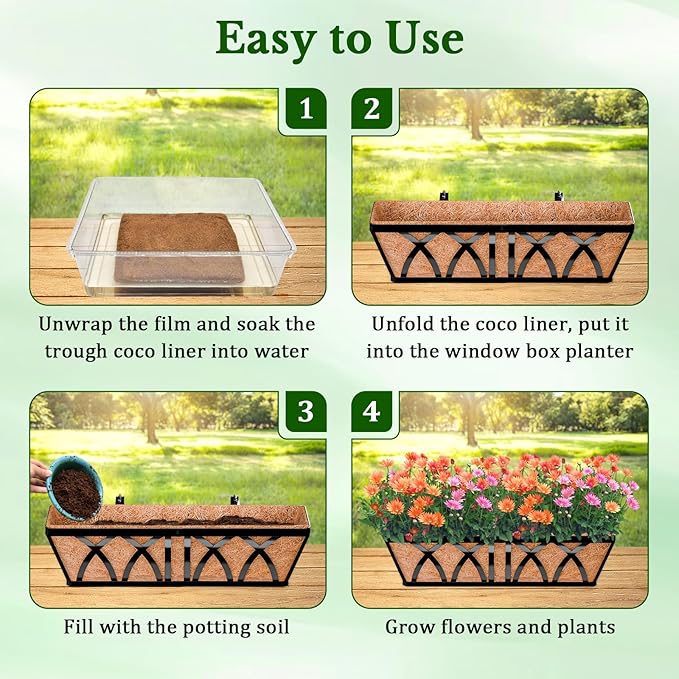 Halatool 4 Pack 24 Inch Window Box Liners, Pre-Formed Coco Fiber Replacement Liner, Natural Coconut Coir Planter Liners for Wall, Hanging Basket, Flower Pot, Fence and Railing HALATOOL