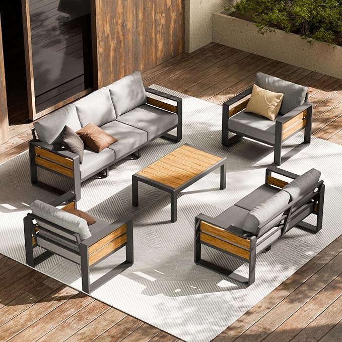 ZANDOR Aluminum Outdoor Patio Furniture Set, 5-Piece Metal Modern Outside Sectional Conversation Lawn Furniture with Coffee Table & Washable Thick Cushions,Seating Sofa for Garden/Backyard/Porch Grey ZANDOR%7CCraftingYourOutdoorElegance