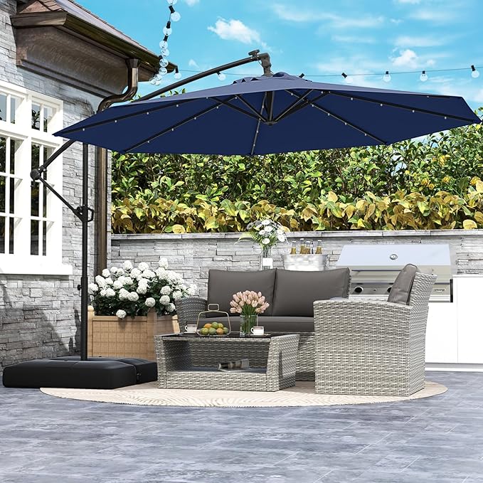 Tangkula 10ft Solar LED Patio Umbrella with Base, Offset Cantilever Outdoor Umbrella with 32 LED Lights, Infinite Tilt, 360 Degree Rotation, Crank Handle for Pool Deck Garden Backyard (Navy) TANGKULA