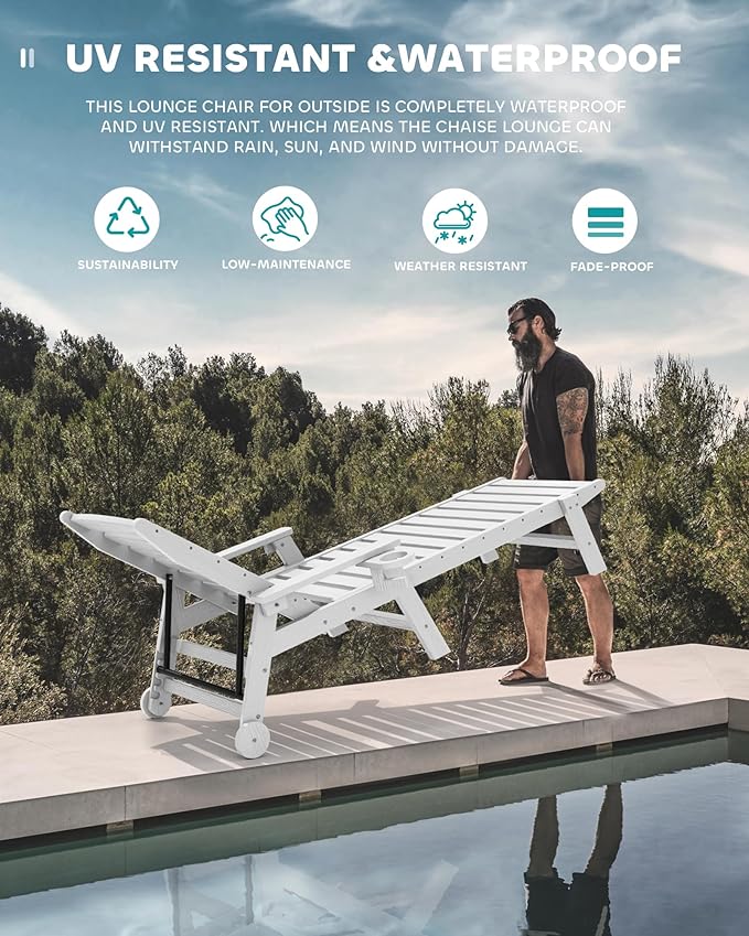 SERWALL Patio Chaise Lounge Chair, 78'' Long HDPE 5 Positions Adjustable Outdoor Lounger, Poly Lounge Chair with Rolling Wheels & Cup Holder for Pool, Space Gray SERWALL