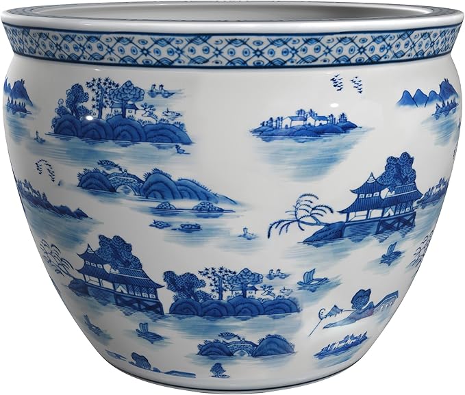 Red Lantern 20" Porcelain Fishbowl Blue & White Landscape Planter RedLantern