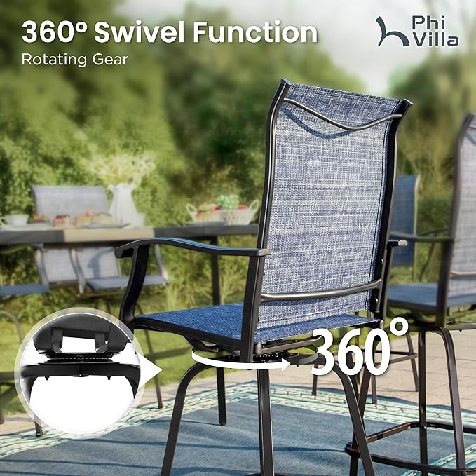 PHI VILLA Outdoor Swivel Bar Stools Set of 4, Bar Height Patio Stools & Chairs with All Weather Textilene Sling Fabric, 30 Inch High Top Tall Bar Chairs for Outside Balcony & Porch, Blue PHIVILLAThepioneerofcomfortablehouseholdsupplies