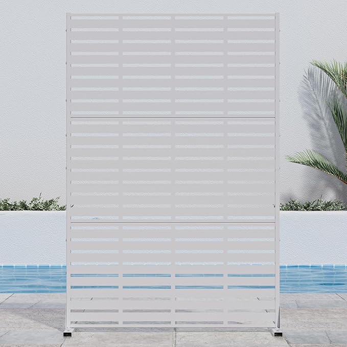 Casaphoria Metal Privacy Screen Outdoor, 72" H x 47" W Freestanding Decorative Privacy Screen for Patio Deck Balcony Garden with Stable Base, White-Adrian Casaphoria