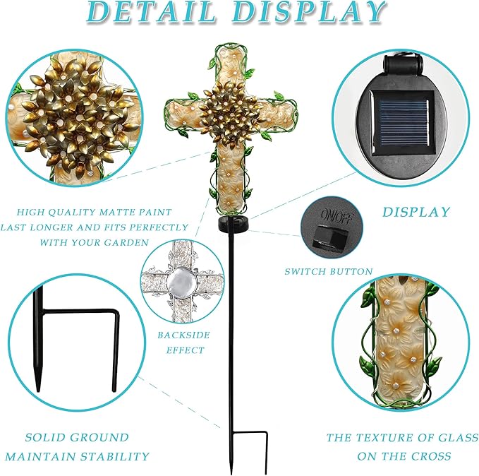 38inch Cross Garden Solar Lights Outdoor Decorative - Solar Metal&Glass Cross Apricot Hydrangea Flower Stake Lights- Waterproof 20 White LED for Remembrance Gifts & Sympathy Gifts COOZZYHOUR