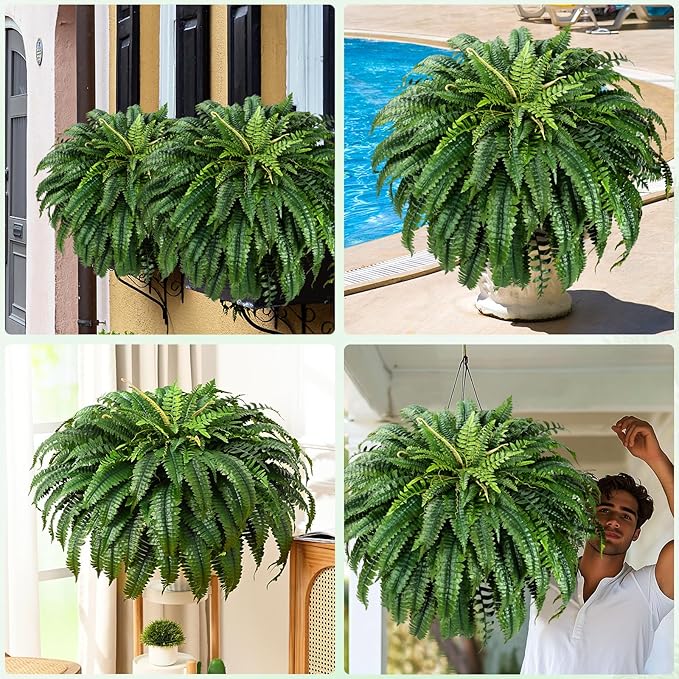 MARTINE MALL 2Pcs 48'' Fake Ferns Look Real Artificial Ferns for Outdoors, 88 Branches Large Faux Boston Fern for Outdoor Planter Realistic UV Resistant Hanging Artificial Fake Plants for Porch Patio MARTINEMALL