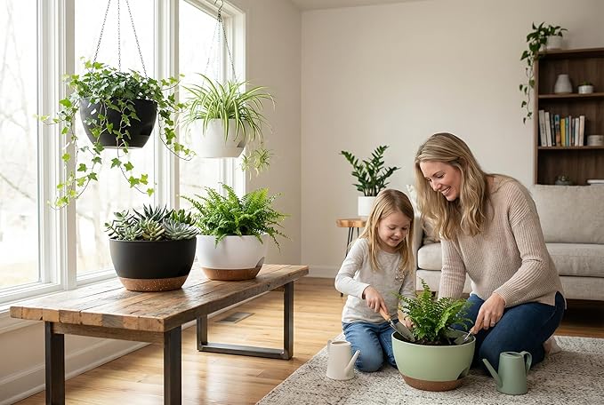 Hanging Planters 3-Pack, 8 Inch Self-Watering Hanging Pots with Drainage Hole and Chains, Plastic Planters for Indoor Outdoor（Green Brown） Rootora