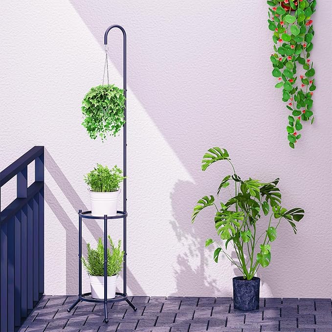 2-tier Hanging Plant Stand Plant Hanger Indoor Outdoor Corner Plant Stands for Indoor Plants, Space-Saving Iron Planter Shelves, Multiple Flower Pot Display Holder Shelf with Hanging Hook, Indoor Outdoor Heavy Duty Planter Shelving Unit (Hooked-style,B... Dawnyard