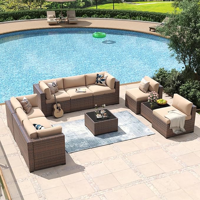 Aoxun 10 Piece Patio Furniture Set Wicker Rattan Patio Conversation Set Outdoor Sectional Sofa Set with Coffee Table and 4” Thickened Cushions, Beige(Waterproof Cover Included) Aoxun