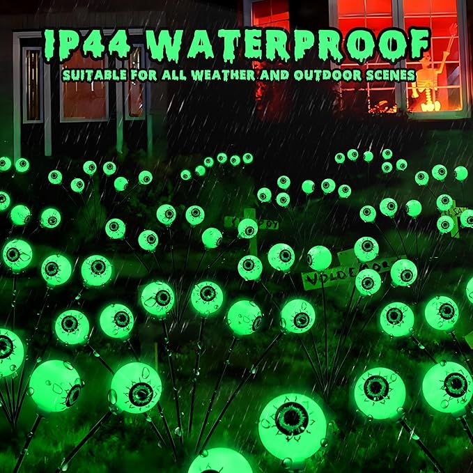 BrizLabs 4 Pack 24 LED Halloween Solar Lights, 2 Modes Outdoor Halloween Eyeball Pathway Lights, Solar Spooky Walkway Light Waterproof, Green Swaying Firefly Lighting for Path Yard Garden Lawn BrizLabs
