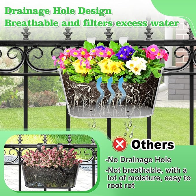 MADHOLLY Railing Planter with Drainage Holes - Sturdy Bucket Pots for Railing Fence, Countryside Style Metal Flower Pots for Herbs Balcony Garden Yard Decor, 2Pcs, White MADHOLLY