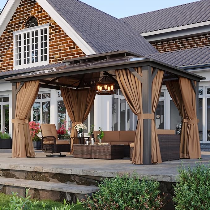 Aoxun 10'x14' Hardtop Gazebo, Aluminum Frame Permanent Pavilion with Curtains and Netting, Outdoor Polycarbonate Double Roof Canopy, for Patio, Garden, Lawn, Brown Aoxun