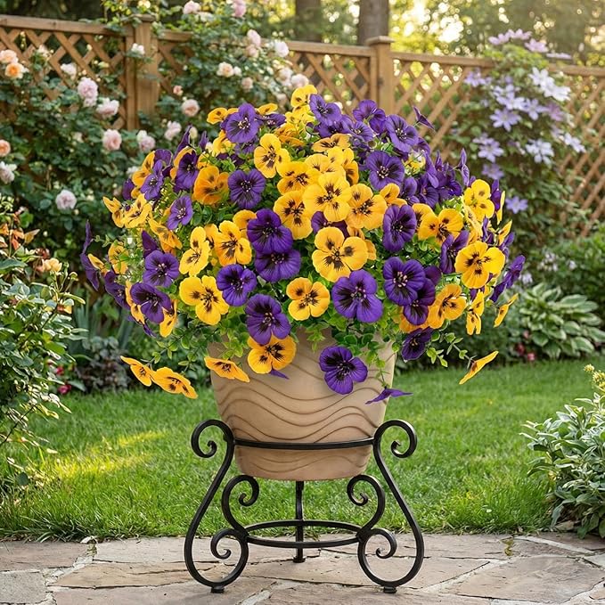 36 Pcs Artificial Fake Pansy Flowers for Outdoor, Faux UV Resistant Silk Pansies Flowers for Outside Planter Front Door Porch Yard Patio Window Box Home Decor (36, Yellow,Purple) RowfadFlora