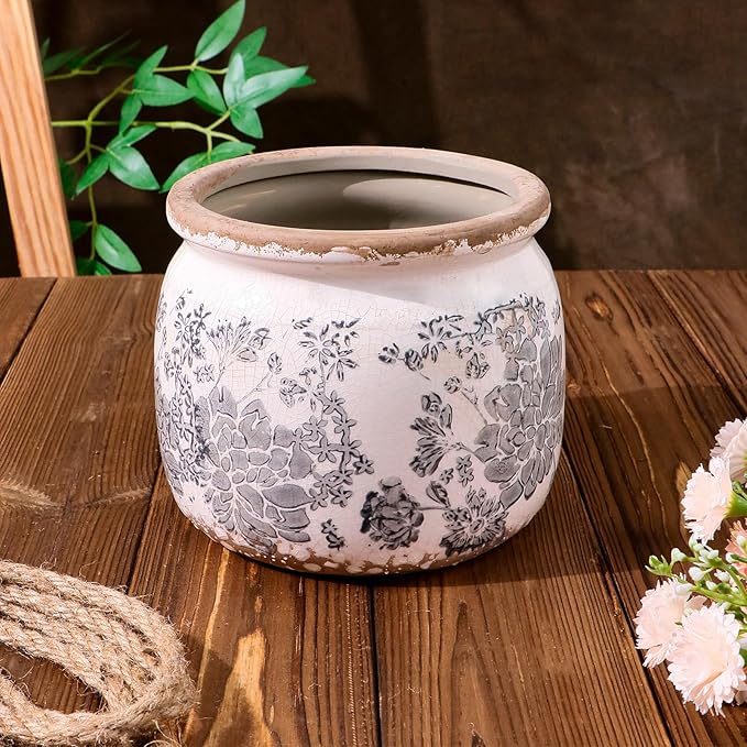 Flower Pot,Vintage Gray Ceramic Pot for Planter with Drainage Holes, 6.29 inch Ice Crack Glazed Small Rustic Planters Pot for Indoor,Tucan Home Decor,Gardening Gifts Dosayes