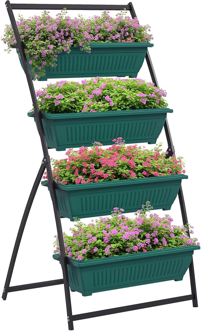 Outsunny Raised Garden Bed, 4 Tier Vertical Garden Planter Set, 4 Outdoor Planter Boxes with Stand, Self Draining Design Elevated Garden for Vegetable, Flowers & Herbs, Green Outsunny