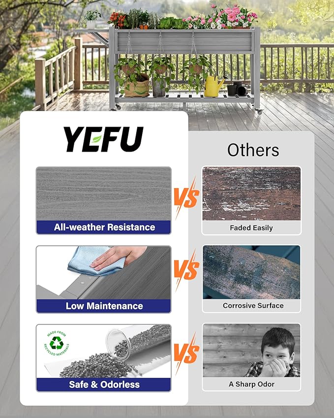 YEFU Raised Garden Bed with Legs: 57x18x30in Elevated Poly Planter with Wheels,Waterproof Mobile Raised Bed Garden, Elevated Planter Box Stand with Storage Shelf,for Deck,Patio,Porch,Yard (Grey,2pcs) YEFU