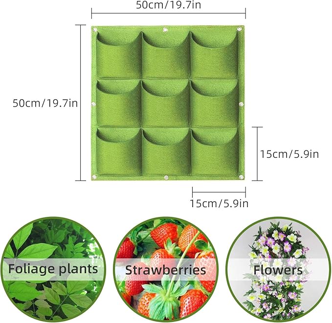 Hanging Planting Grow Bags, 9 Pockets Hanging Vertical Wall Planter Wall Mounted Grow Bag Outdoor Indoor Gardening Vertical Greening Flower Container, Planting Bags Storage Bags(0.5 m × 0.5 m, Green) LITLANDSTAR