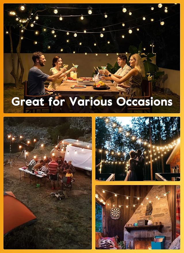 LED G40 Outdoor String Lights Patio Lights 109FT with 104 LED Shatterproof Bulbs, Weatherproof Commercial Hanging Lights for Backyard Bistro Pergola Party Decor, E12 Socket Base, 2200K, Black Brightown