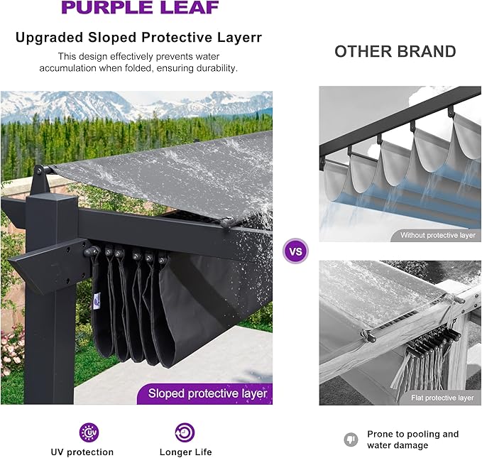 PURPLE LEAF Outdoor Retractable Pergola with Curtains 10' x 10' Patio Aluminum Pergola with Sun Shade Canopy for Backyard Deck Garden Modern Metal Pergola, Gray Rootora