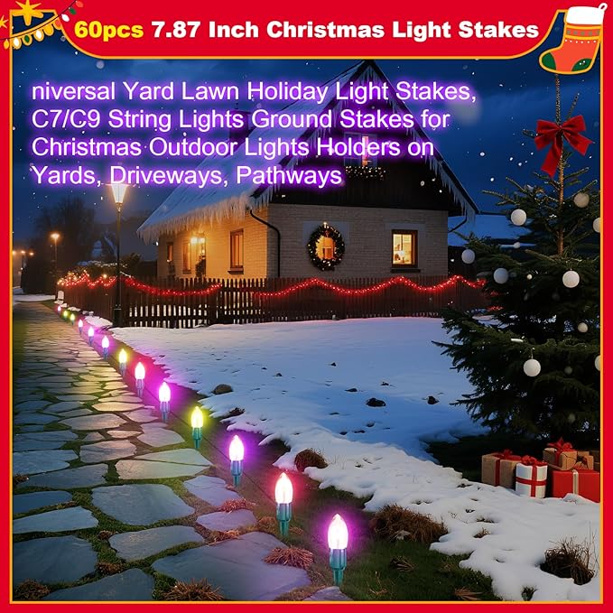 60 Pcs 7.5 Inch Christmas Light Stakes, Christmas Yard Stakes for C7 C9 Christmas Lights, Garden Path Walkway Holiday Decorations(Green) Rootora