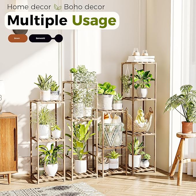 Bamworld 4 Sets Tall Plant Stands Indoor Outdoor Combo Plant Shelves Wooden Plant Holder Rack for Multiple Plants Flower Stands for Living Room Balcony Garden Patio Lawn Window Bamworld