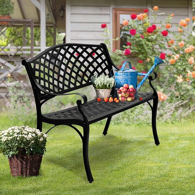 VINGLI 40.5" Patio Garden Bench,Anti- Rust Cast Iron Cast Aluminum Frame for Outdoor Path Yard Lawn Work Entryway Decor Deck (Black) VINGLI