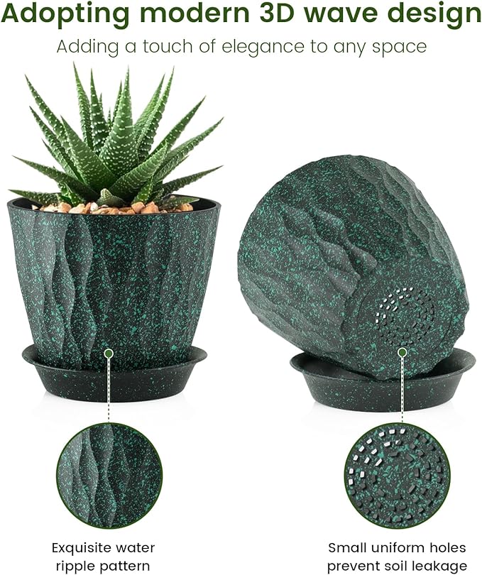 5 inch Plant Pots for Indoor Outdoor Plants, 6 Pack Thick Nursery Pots with Drainage Holes and Saucers, 3D Modern Wave Texture Small Plastic Planter Flower Pots, Black with Green Speckles Meowell