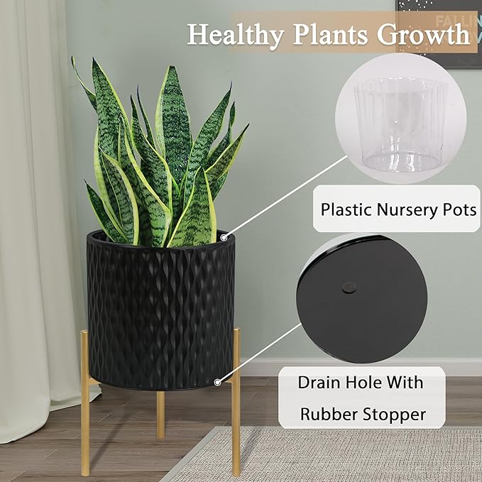 ARNIS Plants Pots with Stand, Set of 2 Planters, Unique Mid Century Decorative Metal Flower Pots with Drainage, 8.25 & 10.5 Inch, Black ARNIS