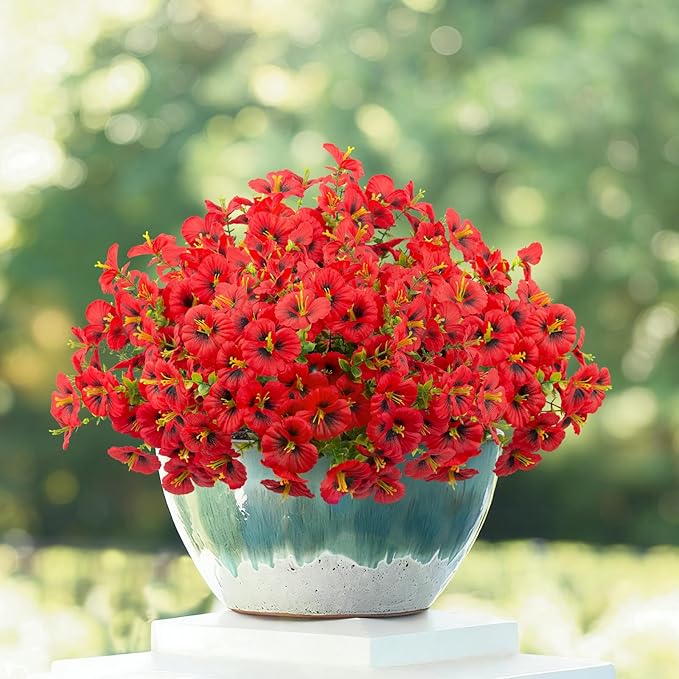 24 Bundles Artificial Pansy Flowers for Outdoor, Faux Silk Pansies Spring Flowers Outside for Planter Front Door Porch Patio Yard Window Box Home Decor (Red) Griine