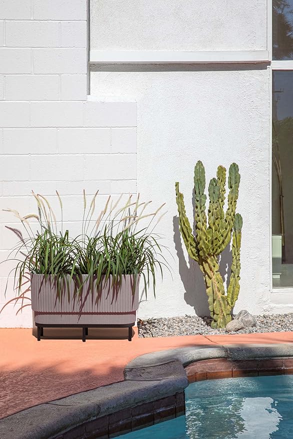 Veradek Demi Series Raised Long Planter for Indoor/Outdoor Use | Made from Plastic & Stone w/Wooden Stand | Modern Patio Décor for Flowers/Shrubs VeradekOutdoor