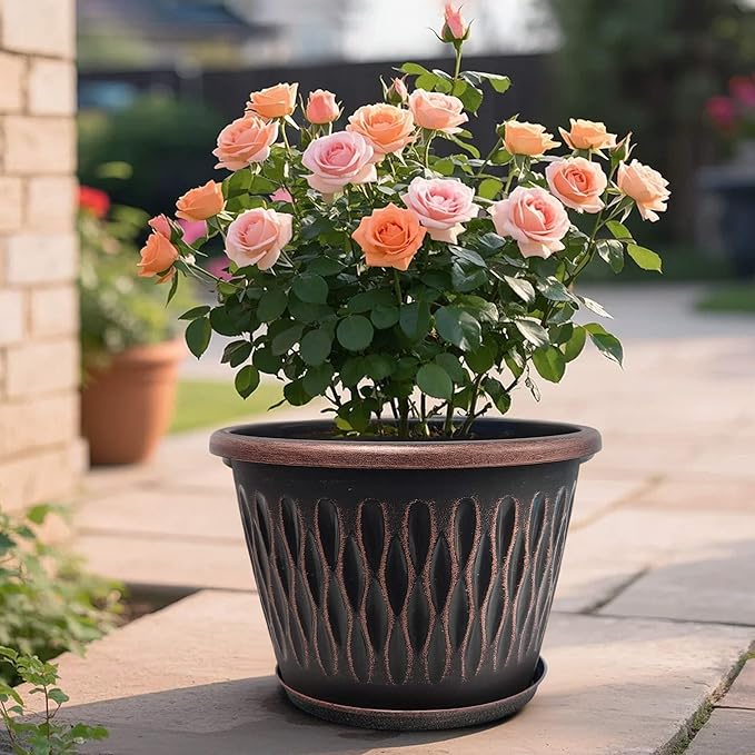 6 Pack 8 Inch Retro Plant Pots, Vintage Striped Flower Pots with Drainage Hole & Saucer, Large Plastic Planters for Indoor and Outdoor Plants, Decorative Garden Pots(Copper) Usocik